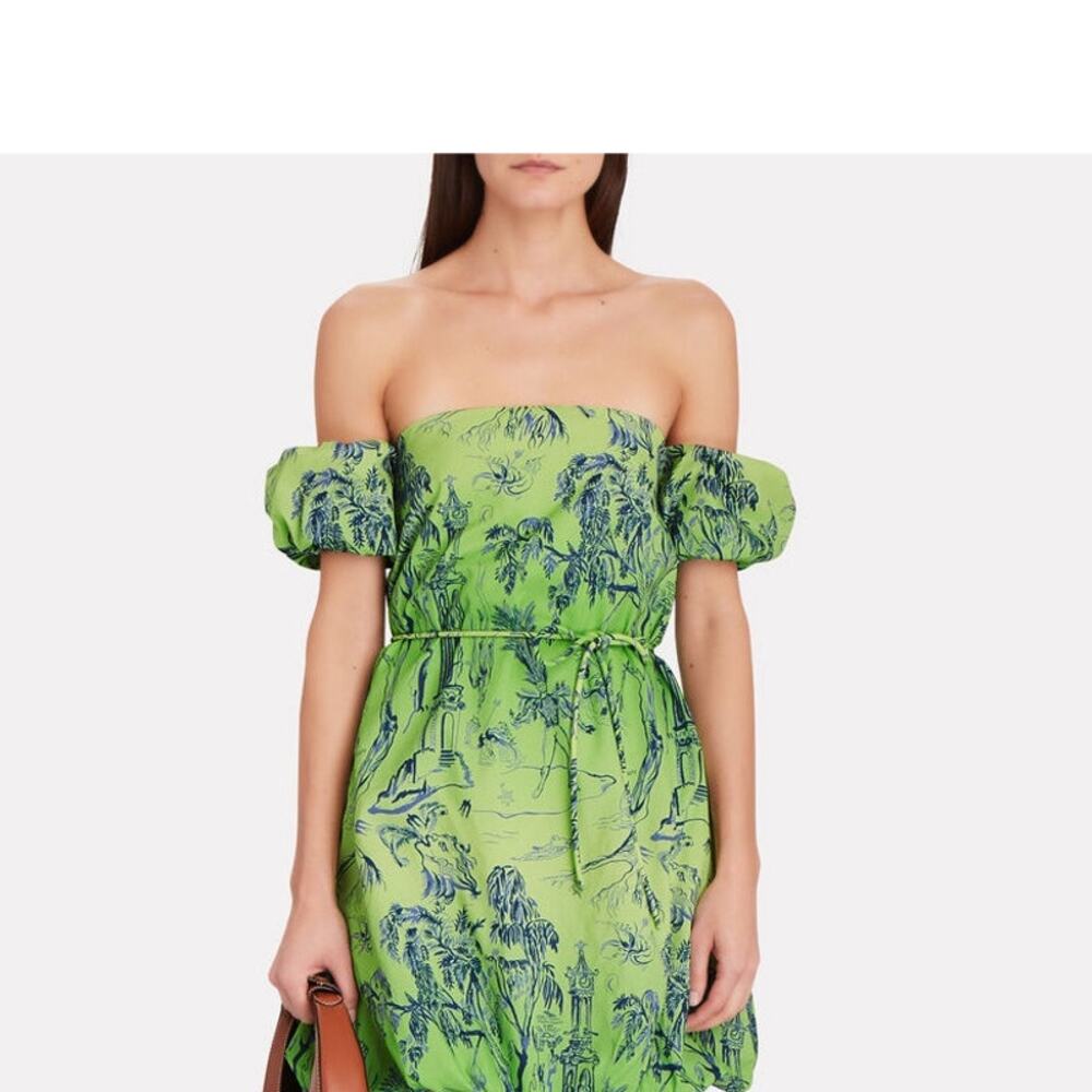 Staud Ash Off the shoulder Broadcloth Mini Green Blue Dress Feather Tree 12